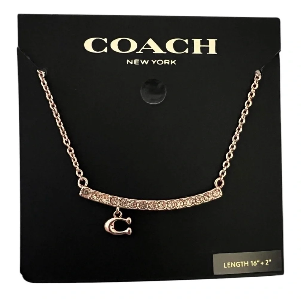 Coach Signature Pave‎ Bar Necklace in rose gold tone NWT